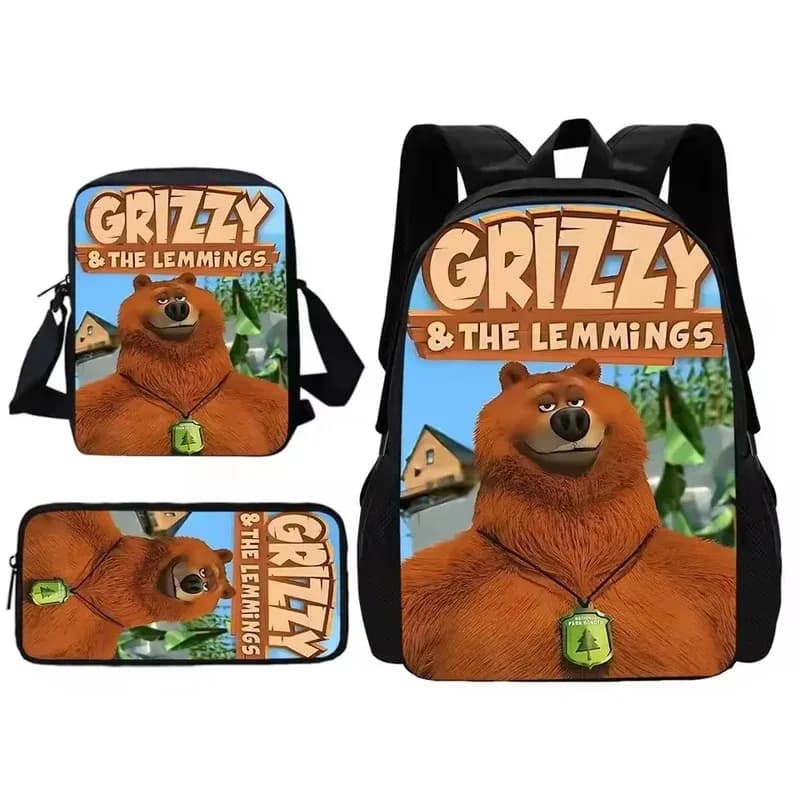 25COSCartoon Grizzy and the Lemmings Backpack Schoolbag Lunch Bag Pencil Case Set Gift for Kids Students