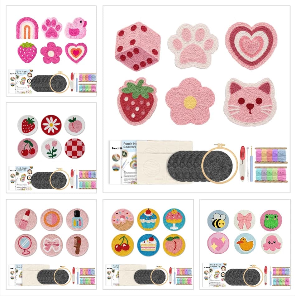 GATYZTORY 6ps Pink-Themed Punch Needle Coasters Kit Punch Needle Embroidery Kit DIY Mug Tufted Rug Making Set for Adults