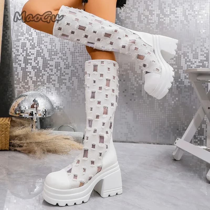 2025 Primavera Autunno Nuovo stile britannico Hollow Stivali lunghi al ginocchio Cerniera posteriore Fondo spesso Stivali moda tacco alto Botas Mujer