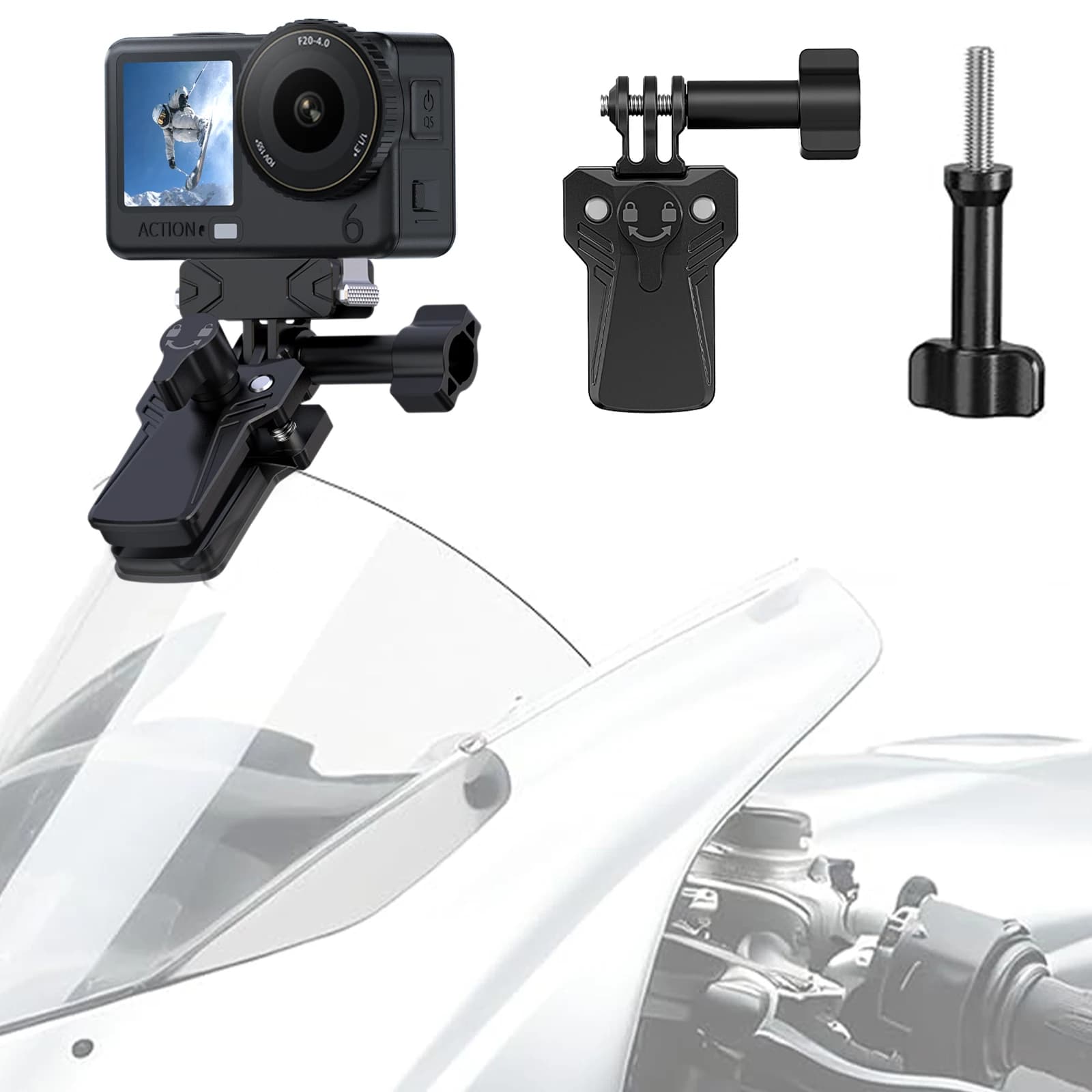 Motorcycle Windshield Clamp Clip, Compatible with GoPro、Hero、DJI Osmo 360/NANO、Action 3/4/5/6、Insta360 for POV Video Recording