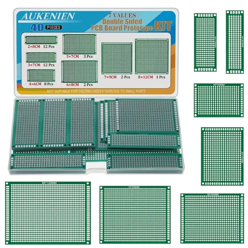 AUKENIEN Kit PCB a Doppia Faccia 40 Pezzi con 7 Valori (2x8, 3x7, 4x6, 5x7, 6x8, 7x9, 8x12) Scheda Prototipo per Saldatura Fai-da-te Arduino