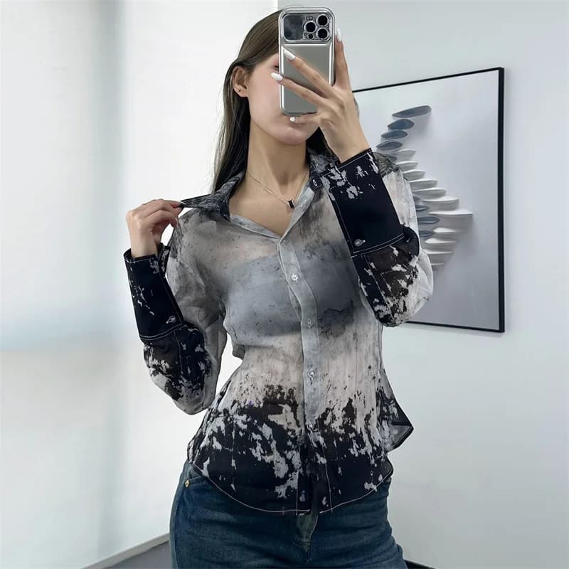 Camicia da donna 2026 estiva nuova, monopetto, slim fit, a maniche lunghe, semi-trasparente, con stampa a inchiostro, blusa da donna Y2K