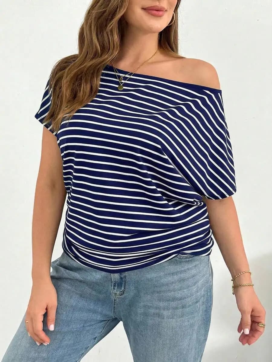 T-shirt a maniche corte a righe con spalle scoperte, top estivo comodo e casual da donna