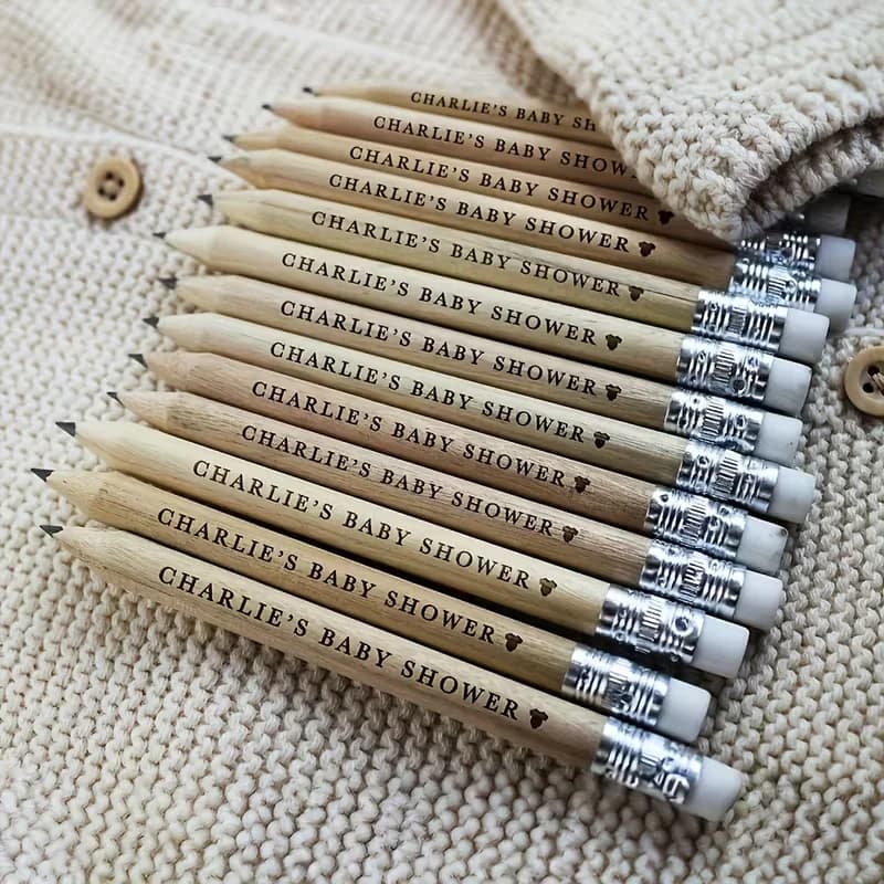 70/120 Personalized Engraved Shower Pencils - Natural Wood with Eraser, Custom Name and Date - Gender Reveal Party Favors, Baptism Souvenirs, Bulk Shower Gifts, Elegant Wooden Pencils, High-Quality Wooden Construction