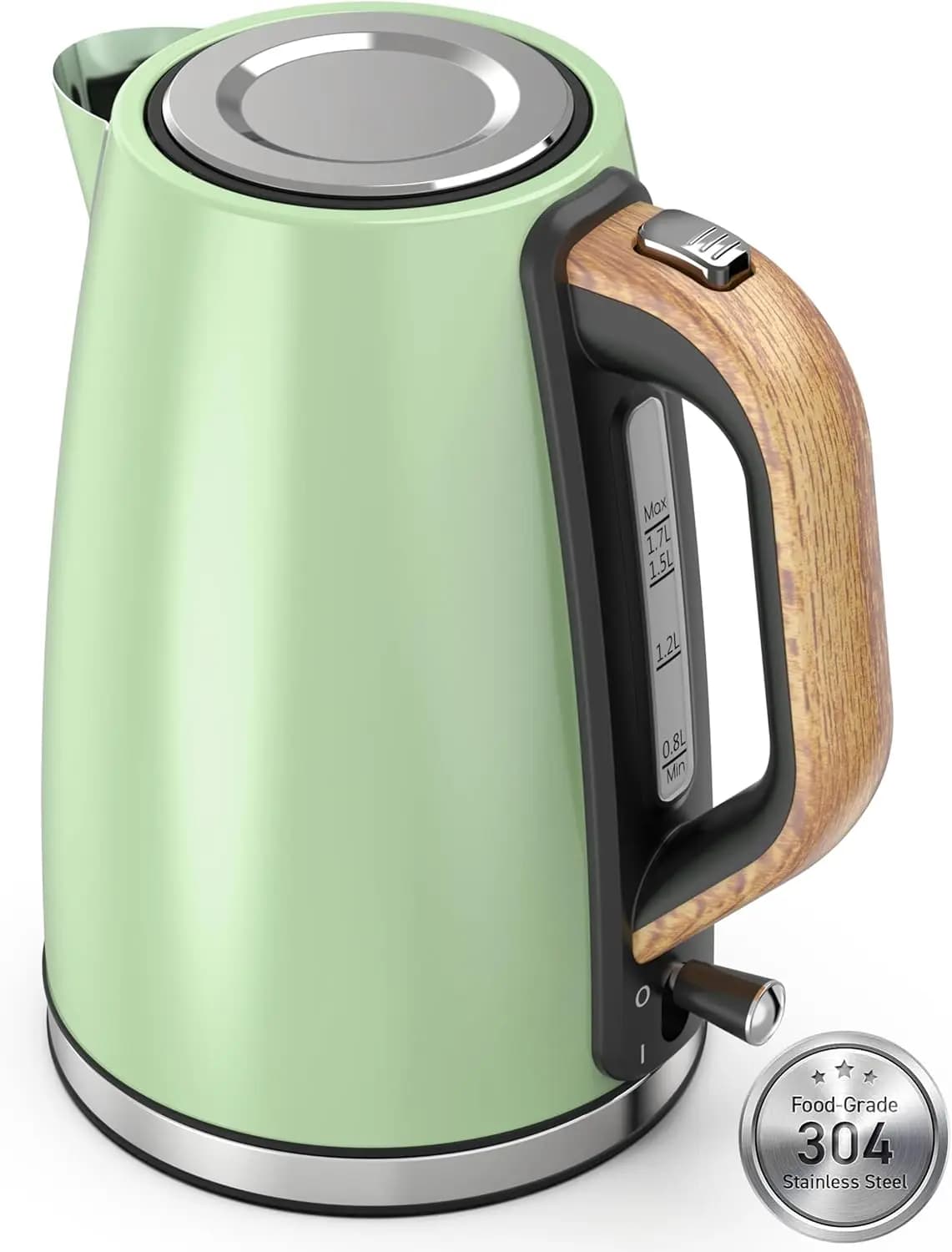 Bollitore elettrico in acciaio inossidabile da 1,7 litri con finestra visiva per il livello dell'acqua, bollitura rapida da 1500 W, spegnimento automatico e protezione contro l'ebollizione a secco, verde