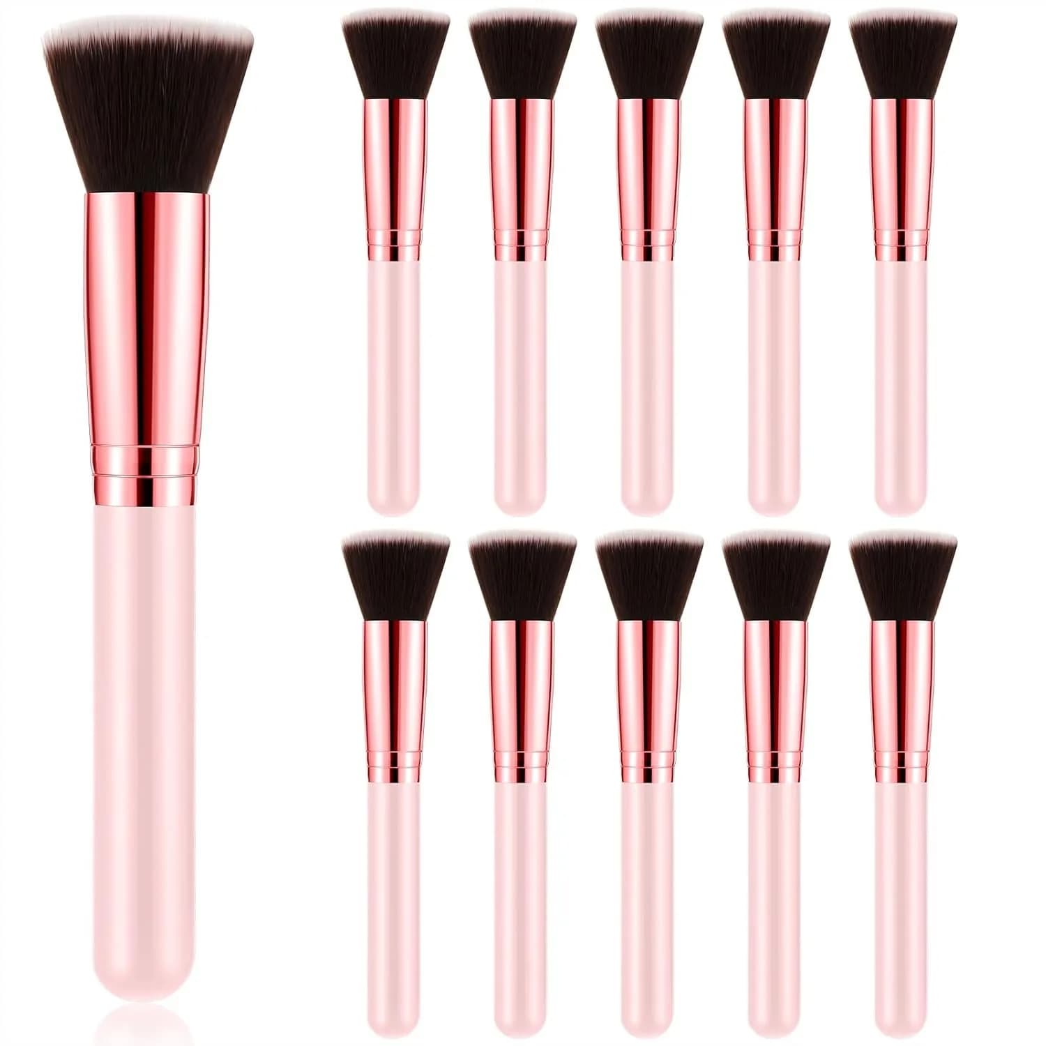 Set di 10 Pennelli per Trucco Professionali con Punta Piatta per Fondotinta Liquido, in Crema e in Polvere, Contouring, Blush, Correttore e Ombretto