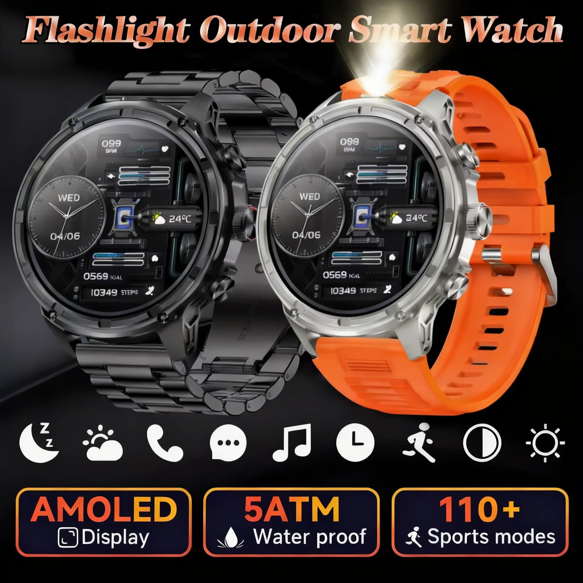 New Smartwatch 2026 for Exterior with Bluetooth Calls, 1.25 Inch HD Display, LED Flashlight Sport Clock, Health Monitor, 10ATM Waterproof