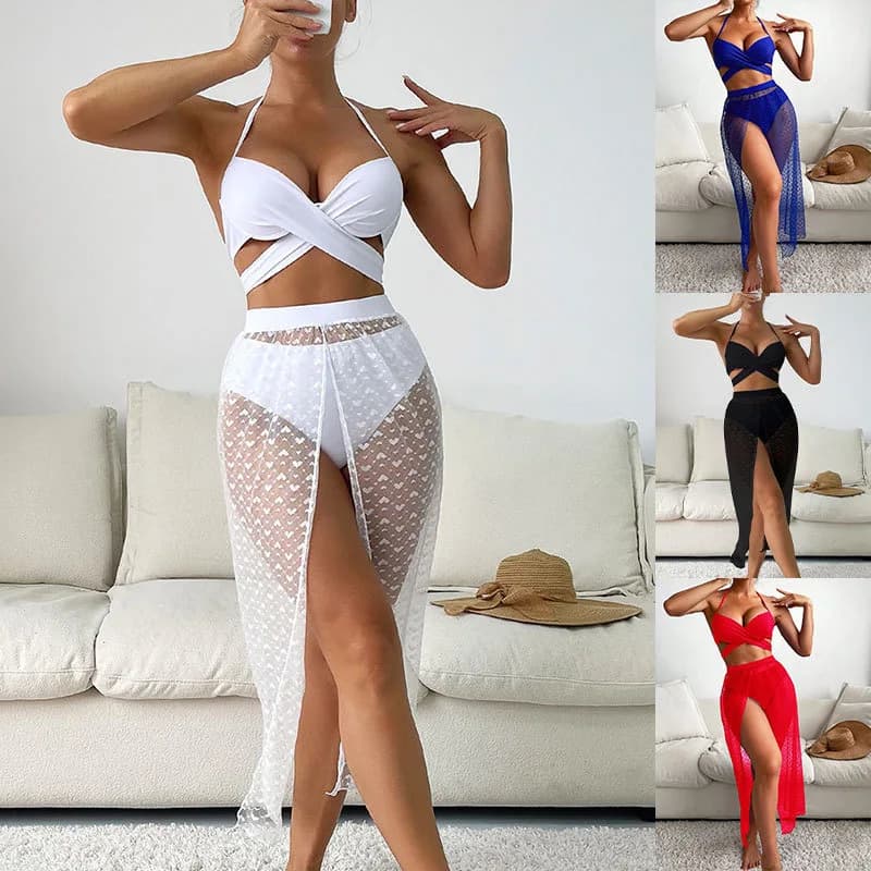 Nadanbao Costume da bagno a tre pezzi Donna Beach Party Vacation Mesh Bikini con stampa multicolore Costume da bagno bikini senza schienale femminile