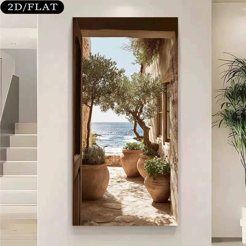 2D Flat Large Modern Coastal Canvas Wall Art - Unframed Mediterranean Sea Olive Tree Landscape Prints for Living Room Decorti