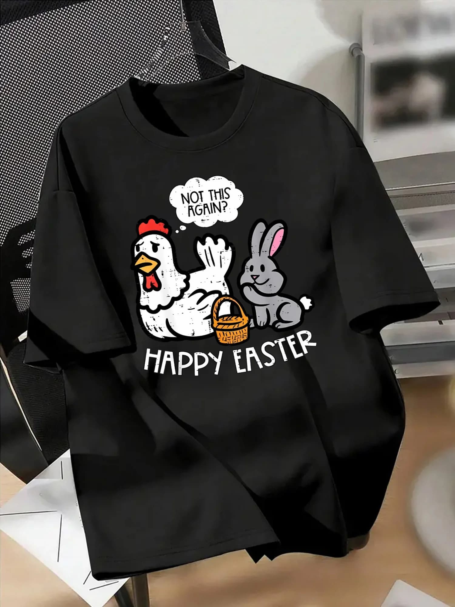 Men's graphic t-shirt with an imaginative design of chicken and rabbit - Text 'HAPPY EASTER', short sleeve