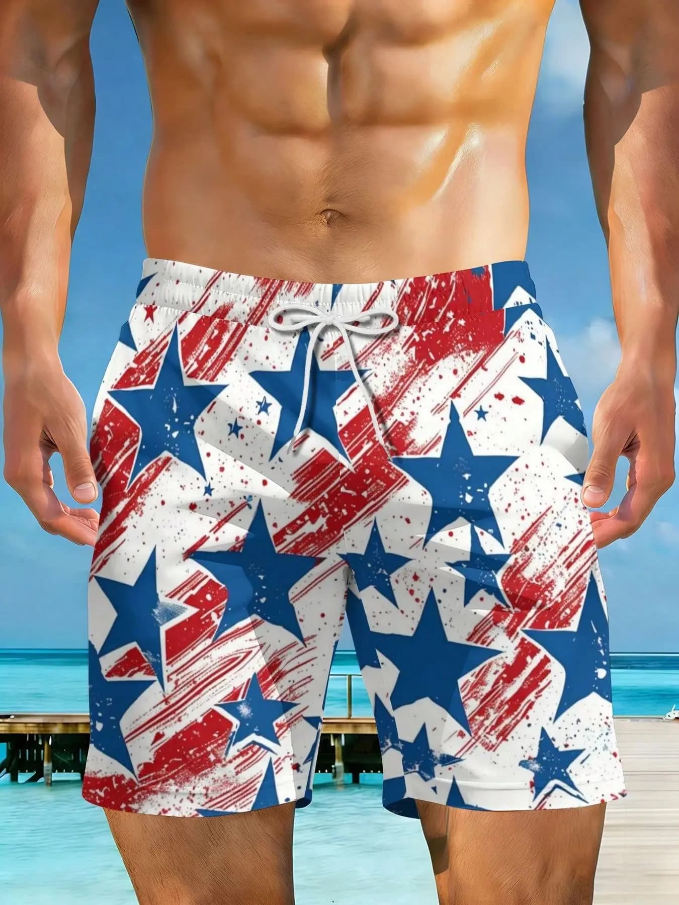2026 Summer New Styles Red White Blue Stars Stripes Plus Size Men's Tropical Casual Beach Shorts Fashion_3