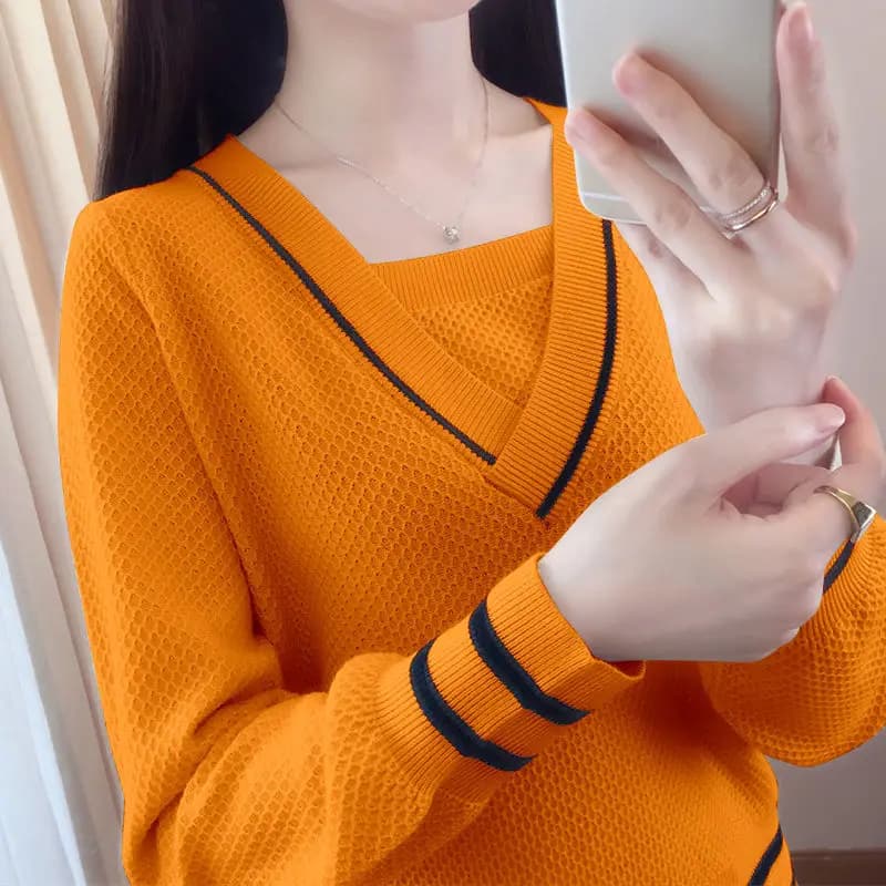 Abbigliamento da donna Manica lunga Autunno Inverno Pullover con scollo a V Maglione lavorato a maglia Moda casual Filettatura Colore a contrasto Top