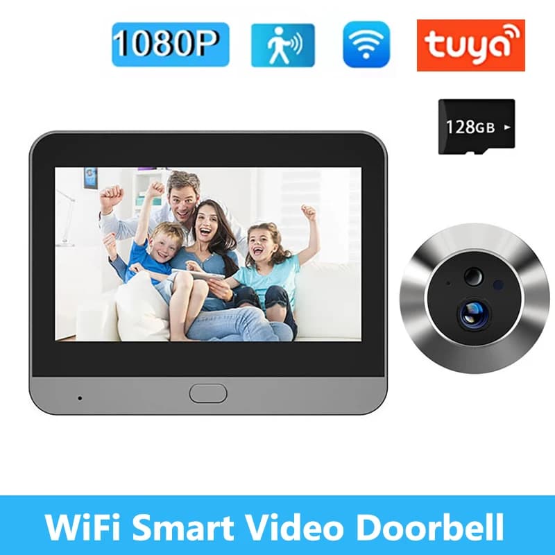 Tuya Campanello senza fili WiFi Porta Peepholes Telecamera HD Audio bidirezionale Rilevazione movimento Visione notturna 1080P Videocitofono da 4,3 pollici