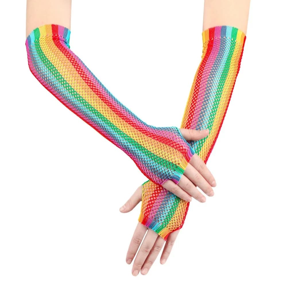 2024 Guanti a rete cava arcobaleno Abito da festa Guanti da rete da pesca altamente elastici Accessori di abbigliamento Decorazioni da ballo da sera Sexy