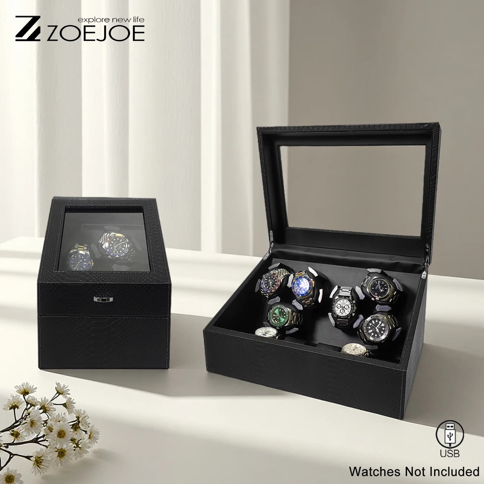 1PC ZOEJOE Automatic Watch Winder Pu Lleather Snake Skin Pattern USB Cable Wath Storage Box With Led Light Gifts For Men Women
