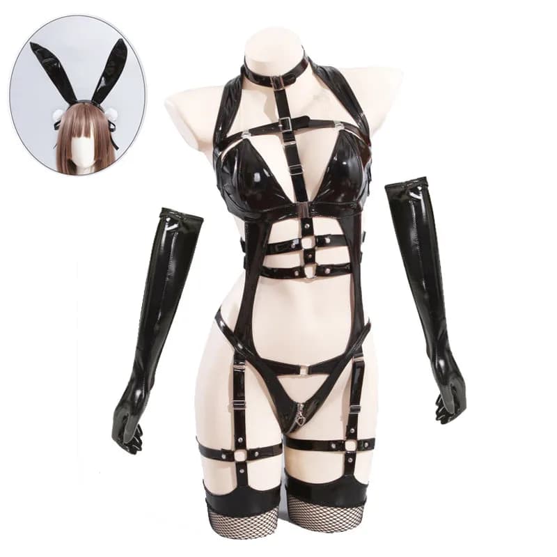 Restraint Bunny Girl Cosplay Costume Women Sexy Leather Bodysuit Gloves Socks Set Cute Rabbit Uniform Halloween Carnival Clothes