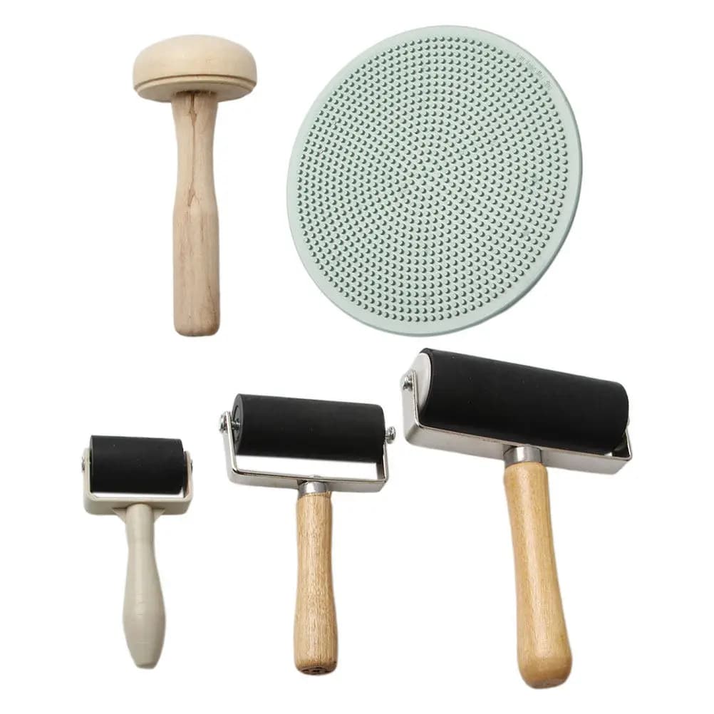 Kit per Stampa Artistica Fai-da-Te, 5 Pezzi, Rullo in Gomma, Rullo a Fungo in Legno per Stampa a Blocchi, Accessori per Stampa Artistica e Artigianale