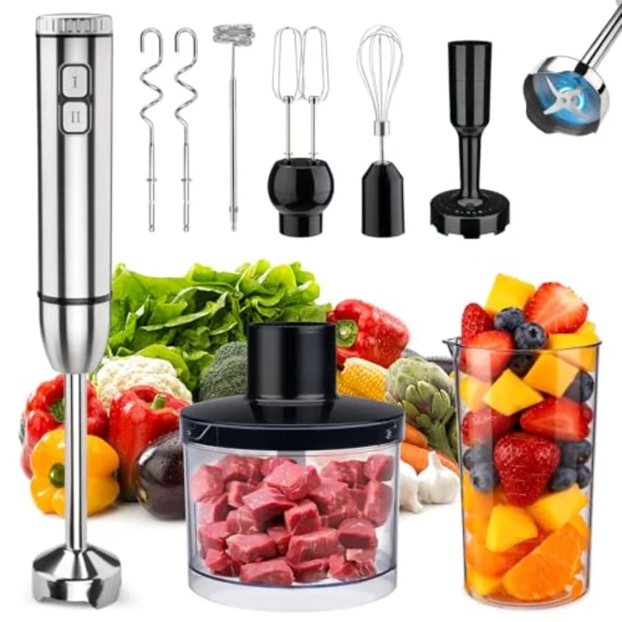 Frullatore a Immersione 8 in 1 con 25 Velocità, Modalità Turbo, Frullatore Elettrico Portatile con Bicchiere, Tritatutto, Montalatte, Macinatore e Mixer