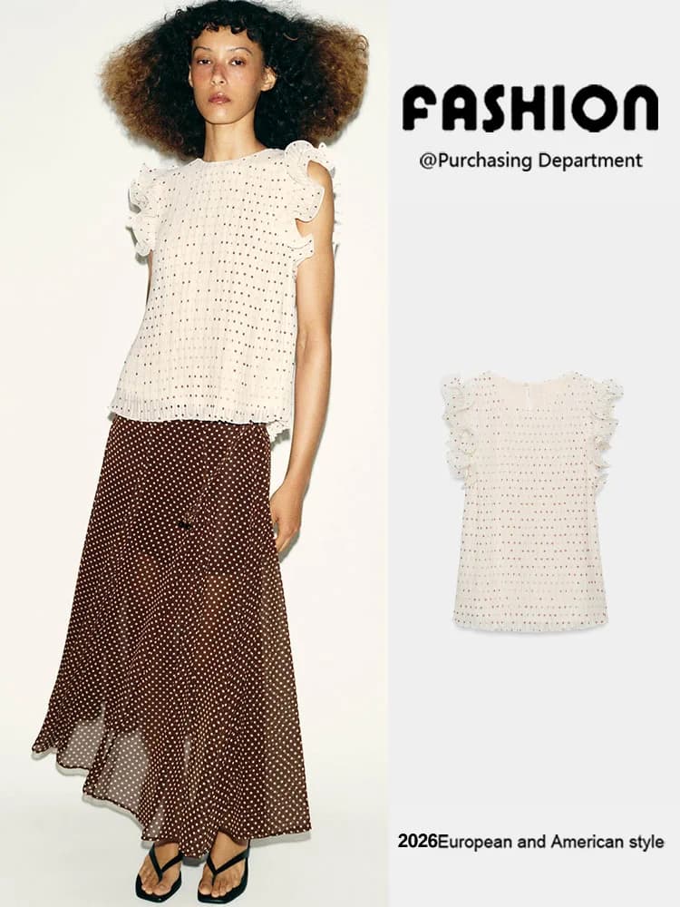 Summer New Women's Sleeveless round Neck Polka Dot Pleated Lace Sleeve Top Versatile Fashionable Chinese Style Blouse