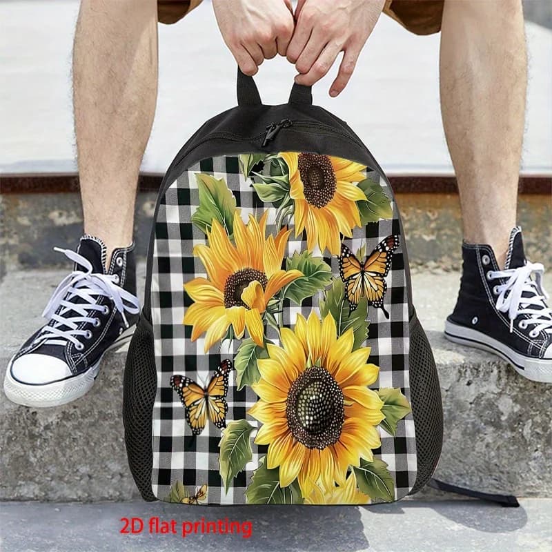 1 casual backpack - brilliant pattern with sunflowers and butterflies on chess background, durable polyester material