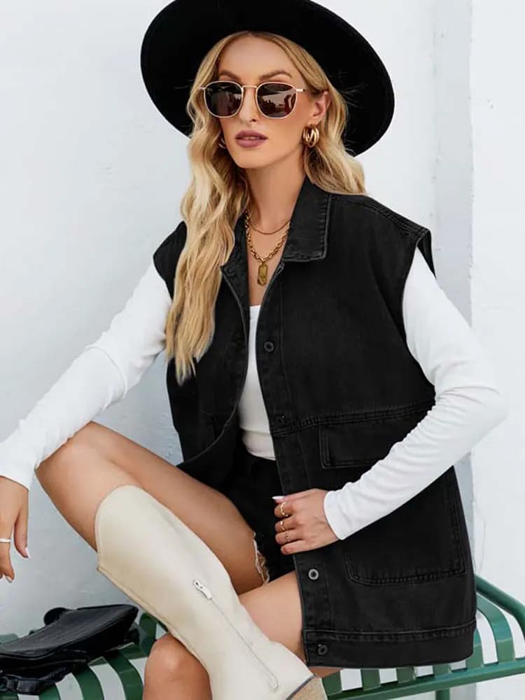 2025 Gilet di jeans autunnale da donna Gilet di jeans Giacca senza maniche da donna Gilet lungo nero per donna Gilet da fidanzato