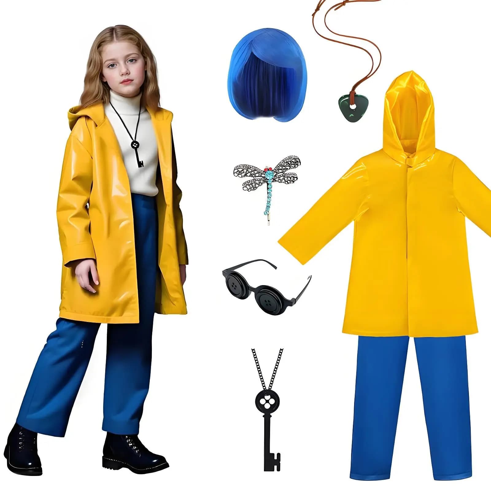 Costume di Halloween per ragazze Horror Moive Character Giacca impermeabile gialla impermeabile Pantaloni blu per cosplay anime spaventosi