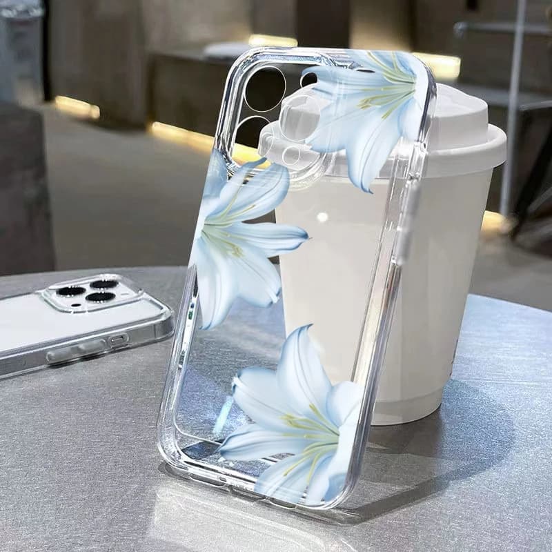 Fashion Exquisite White Lily Flower Phone Case For iPhone 17 16 15 Pro Max 14 13 12 11 XS X 8 Plus 16E 17 Air Transparent Cover