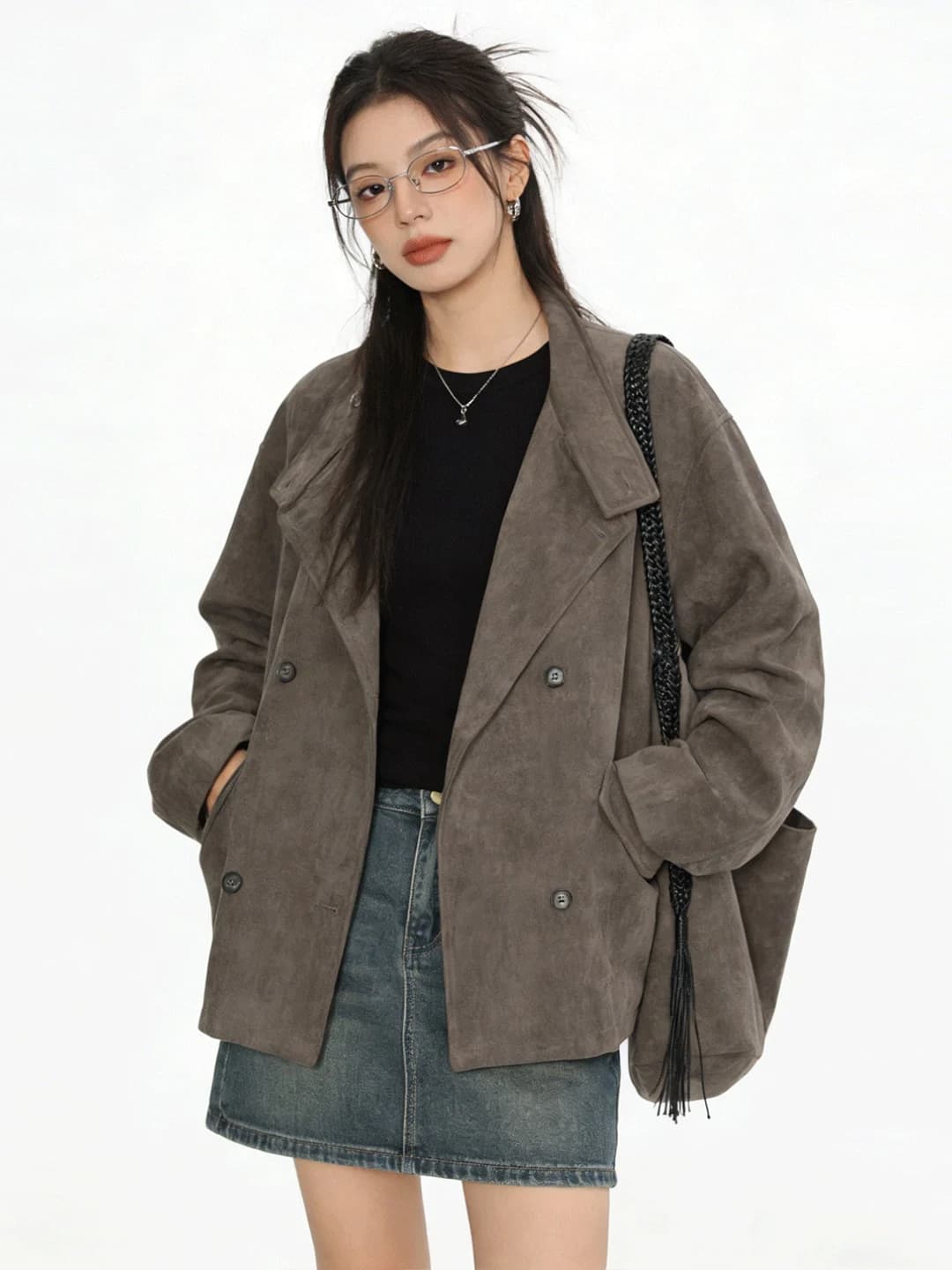 Giacca in Camoscio Grigio Stile Coreano alla Moda, Versatile e Casual, con Collo Alto, Effetto Snellente, Nuova Collezione Primaverile per Donna