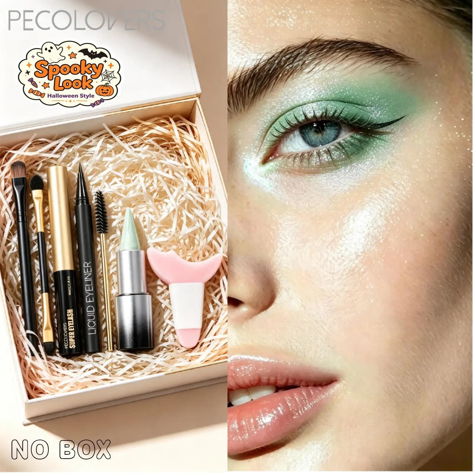 7 Pcs Eye‑Catching Eye Makeup Kit,Sparkly Green Glitter Eyeshadow Stick, Slim Liquid Eyeliner, Curling Mascara, with Makeup Tool