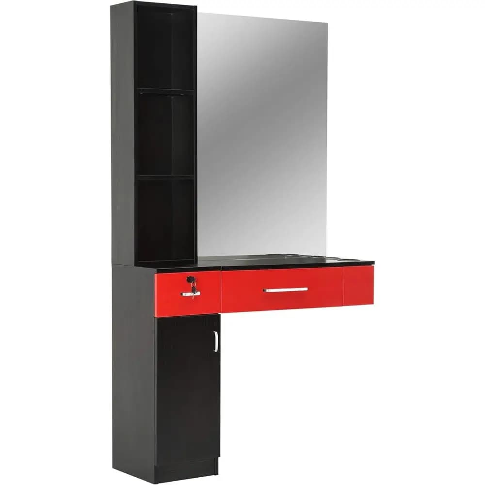 Black & Red Wall-Mounted Hair Styling Station with Mirror and 3 Dryer Holders