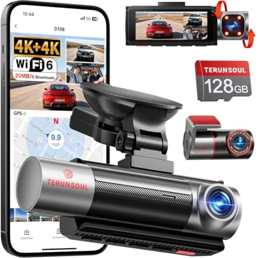 Dash Cam a 3 Canali 4K+4K+1080P Anteriore e Posteriore con Scheda da 128GB Inclusa, WIFI6 5.8GHz - fino a 20MB/s, Visione Notturna IR