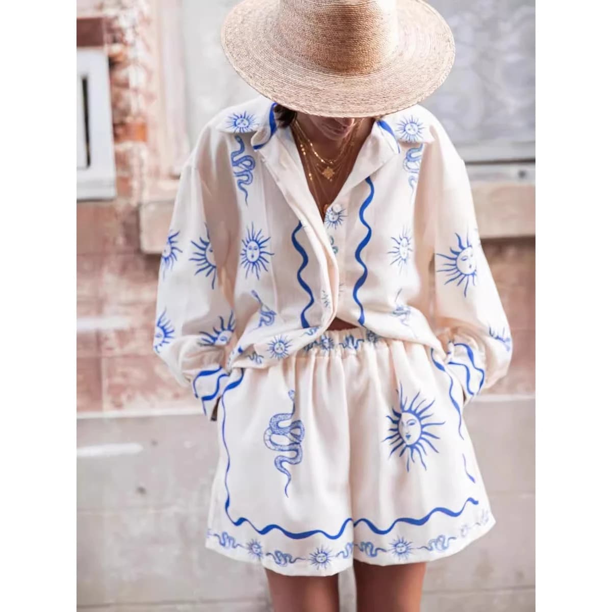 Fashionable Print Linen Casual Versatile Shirt Cardigan Shorts Set 2024 New Arrival Unisex Commute Style Animal Pattern