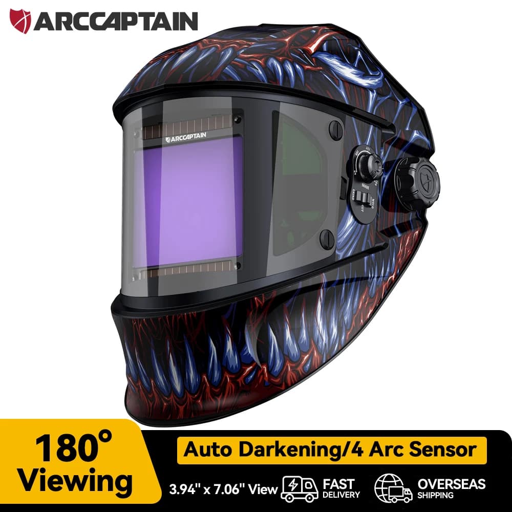 ARCCAPTAIN Casco per saldatura Oscuramento automatico 4 Sensore ad arco con 180 ° Maschera per saldatura a colori reali con vista laterale panoramica ARC MIG MAG TIG CUT