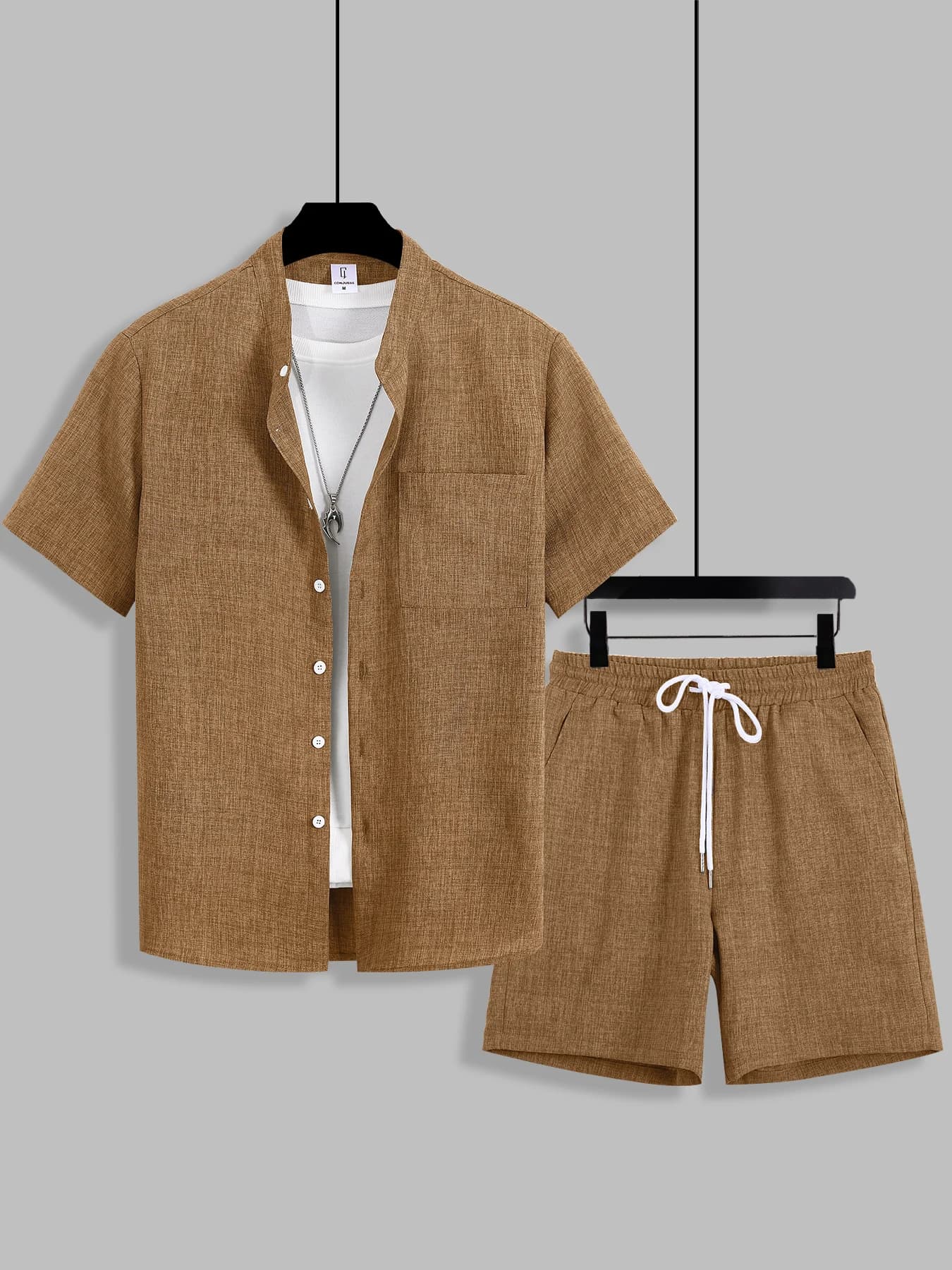 Complete Men's Summer in Cotton and Linen, High Collar Shirt with Sleeves Court and Shorts, Set Casual Breathable Two Pieces
