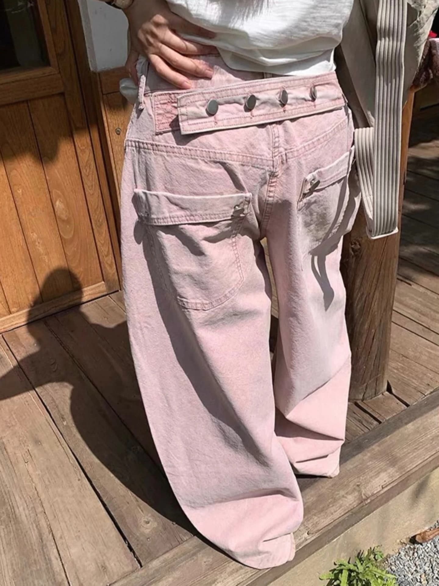 plus Size American Retro Pink Button Knife Jeans Women's High Street Loose Slim Wide Leg Long Pants Casual High Waist