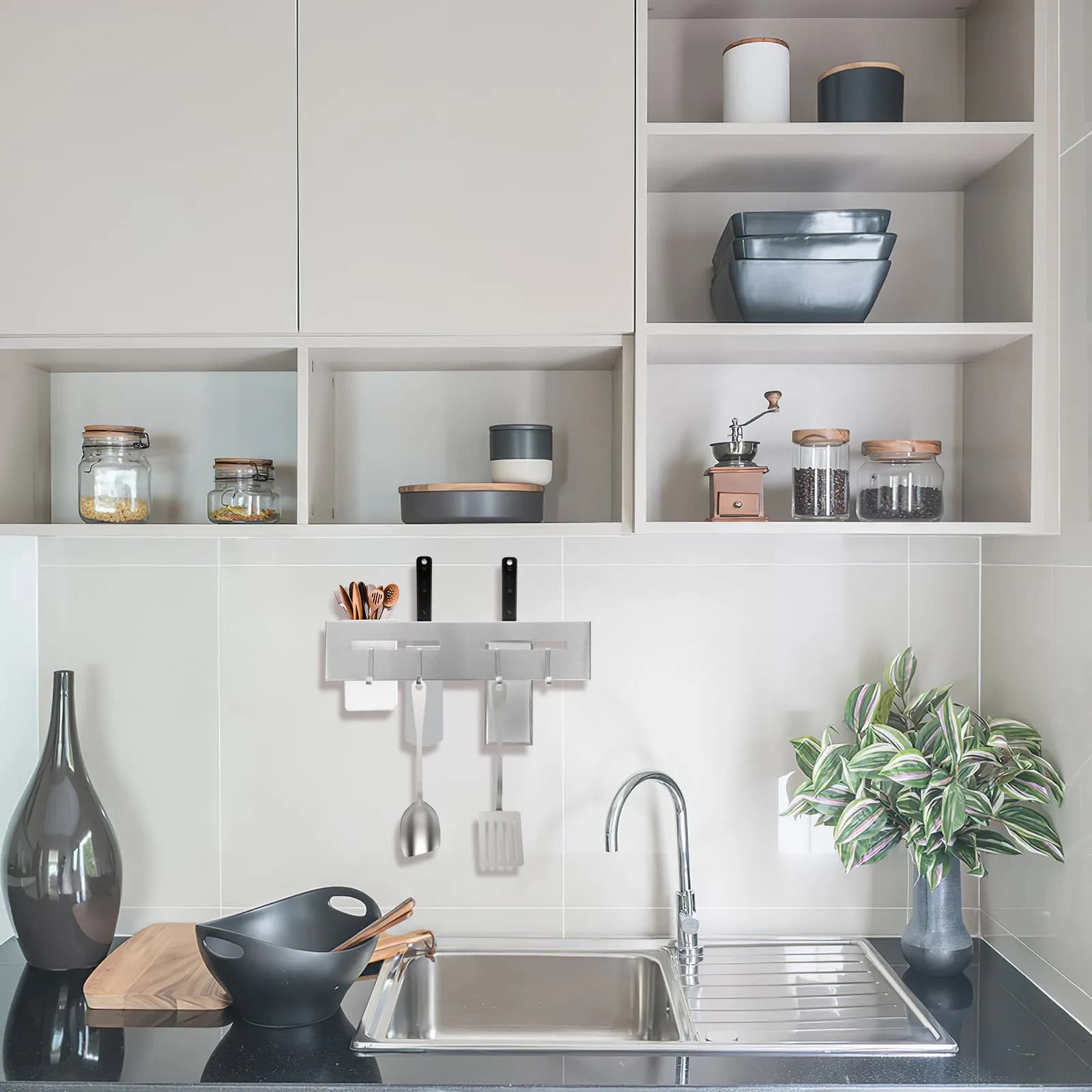 Portacoltelli da Parete in Acciaio Inossidabile, Organizzatore per Utensili da Cucina Senza Foratura, Porta Coltelli, Bacchette e Cucchiai