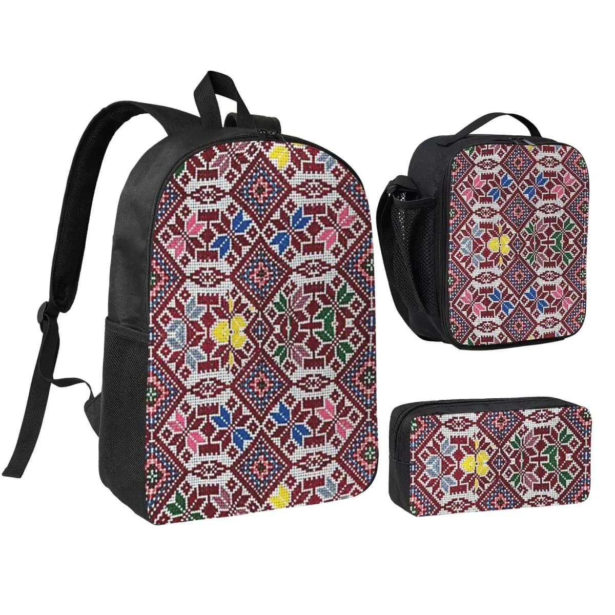 Set 3 Pezzi: Zaino Tatreez Tradizionale Palestinese Ricamato, Borsa a Tracolla, Borsa Termica per il Pranzo e Astuccio