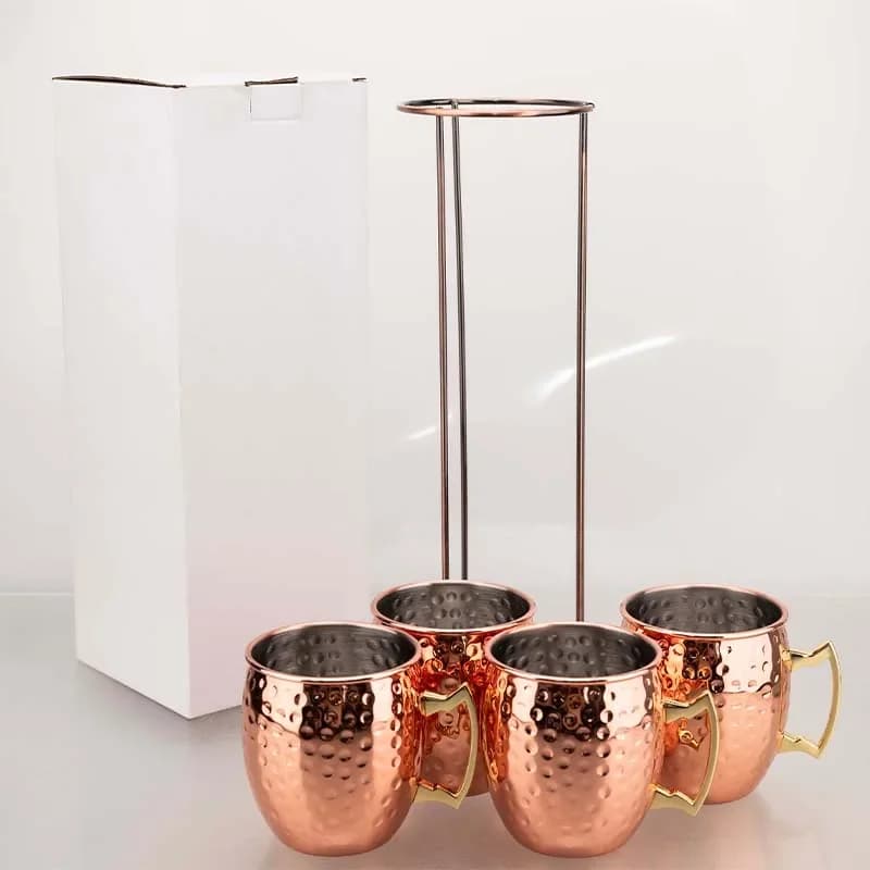 Tazze da mulo di Mosca con struttura martellata da 4 pezzi da 500 ml con set di rack in ferro | Bicchieri in acciaio inossidabile 304 per birra da cocktail bar domestico