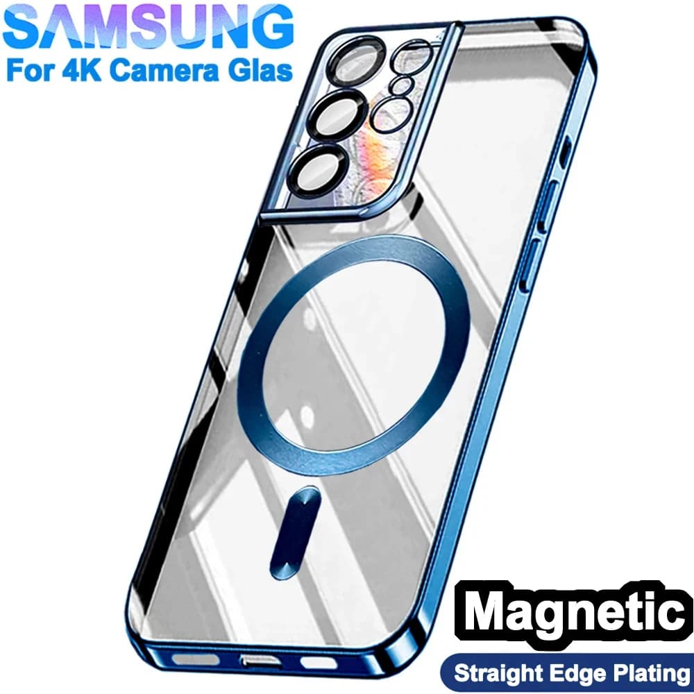 Cover in silicone bordo dritto elettropiastra originale per Apple Magsafe custodia Samsung Galaxy S21 S23 Fe S22 Plus S24 Ultra luxury 4K vetro fotocamera Protezione completa della copertura magnete senza fili cases
