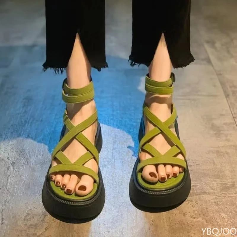 Sandali Donna Estivi alla Moda con Fondo Spesso Effetto Spugna, Versatili con Cinturino Sottile a Croce e Cerniera