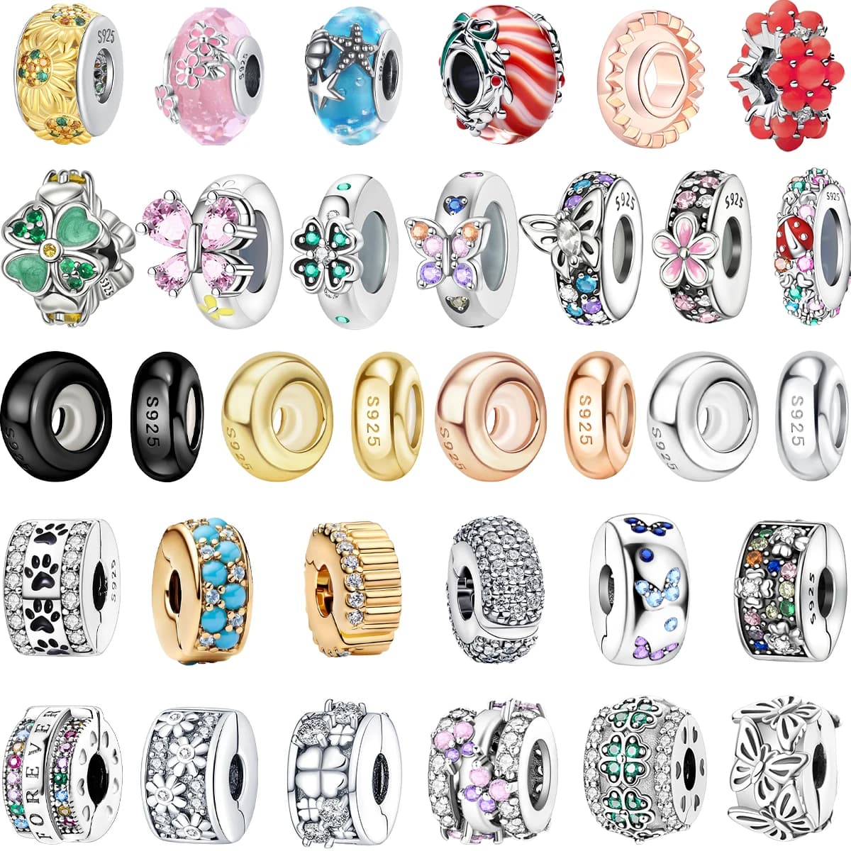 Charm a clip in argento sterling 925 con perline distanziatrici rotonde colorate in silicone, semplici e alla moda, per braccialetti fai da te originali, gioielli raffinati