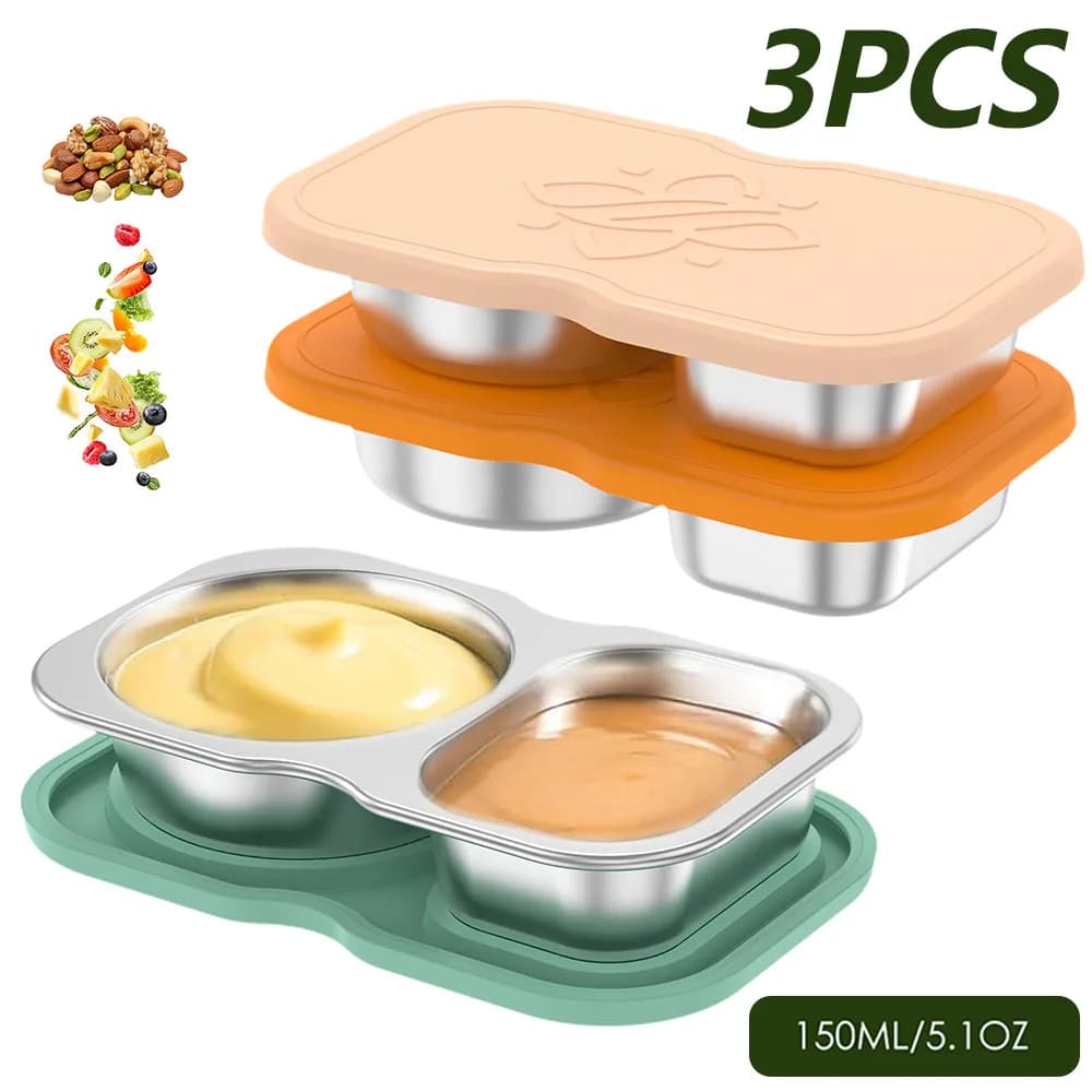Contenitore per condimenti a doppio scomparto da 3 pezzi, 150 ml, contenitore per snack in acciaio inossidabile con coperchi, contenitore portatile per salse da viaggio