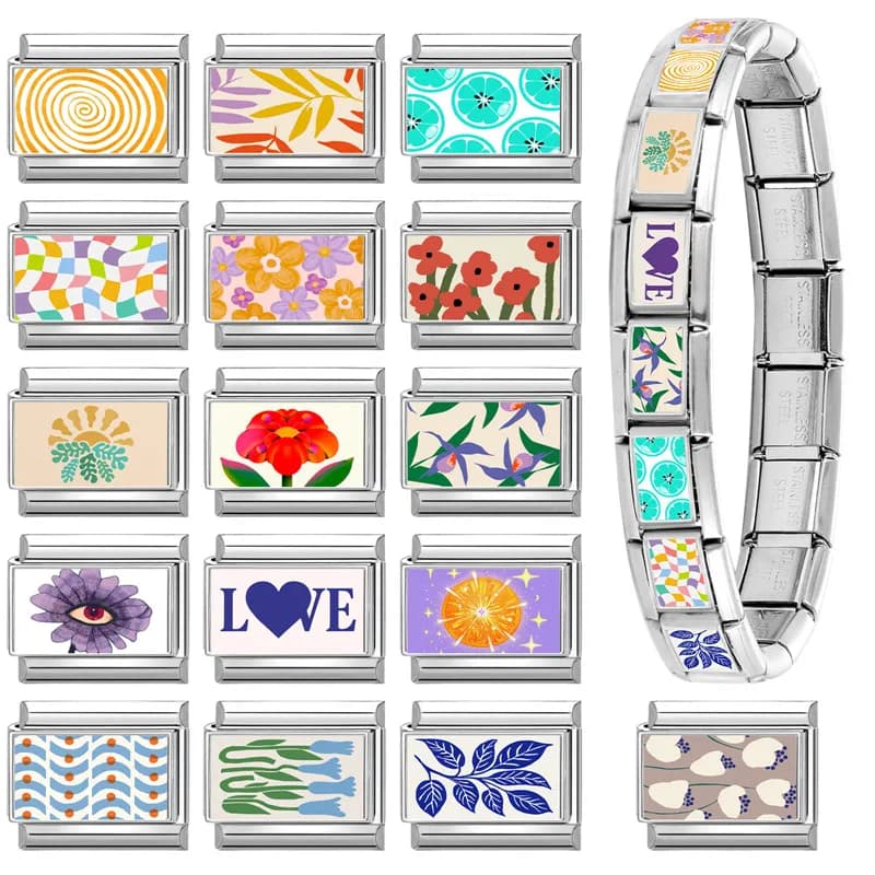 Collegamento con ciondolo italiano da donna alla moda, adatto per bracciale in acciaio inossidabile da 9 mm, fiore dolce, occhio d'amore, mirtillo, creazione di gioielli, regali fai da te