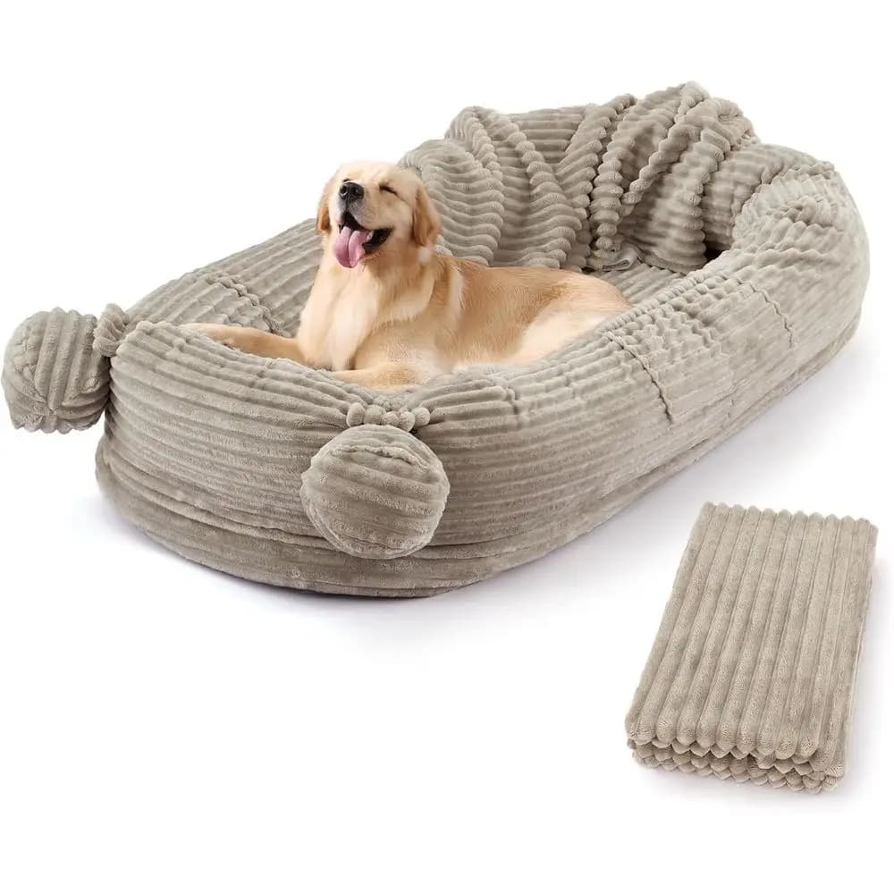 71 Portable Dog Bed with Removable Fleece Cover, Washable Mattress, Storage Pockets for Living Spaces