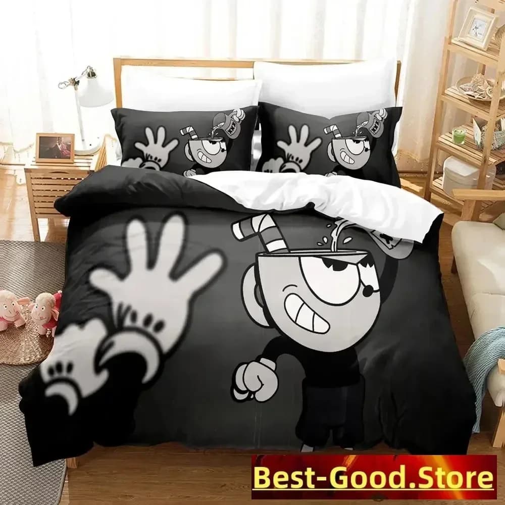 Nuovo Set di Biancheria da Letto Kawaii Cuphead Mugman, Copripiumino, Lenzuolo Stampato, Federe, Set Completo per Letto Matrimoniale, Queen, King Size, per Camera da Letto