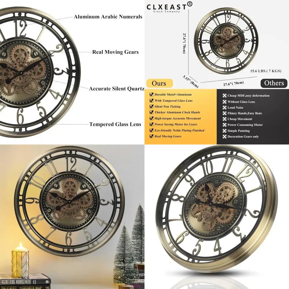 Watch from Parete Moderno Stile Fattoria da 28 Pollici - Brass Golden for Living and Office, Gift Perfect for House Inauguration