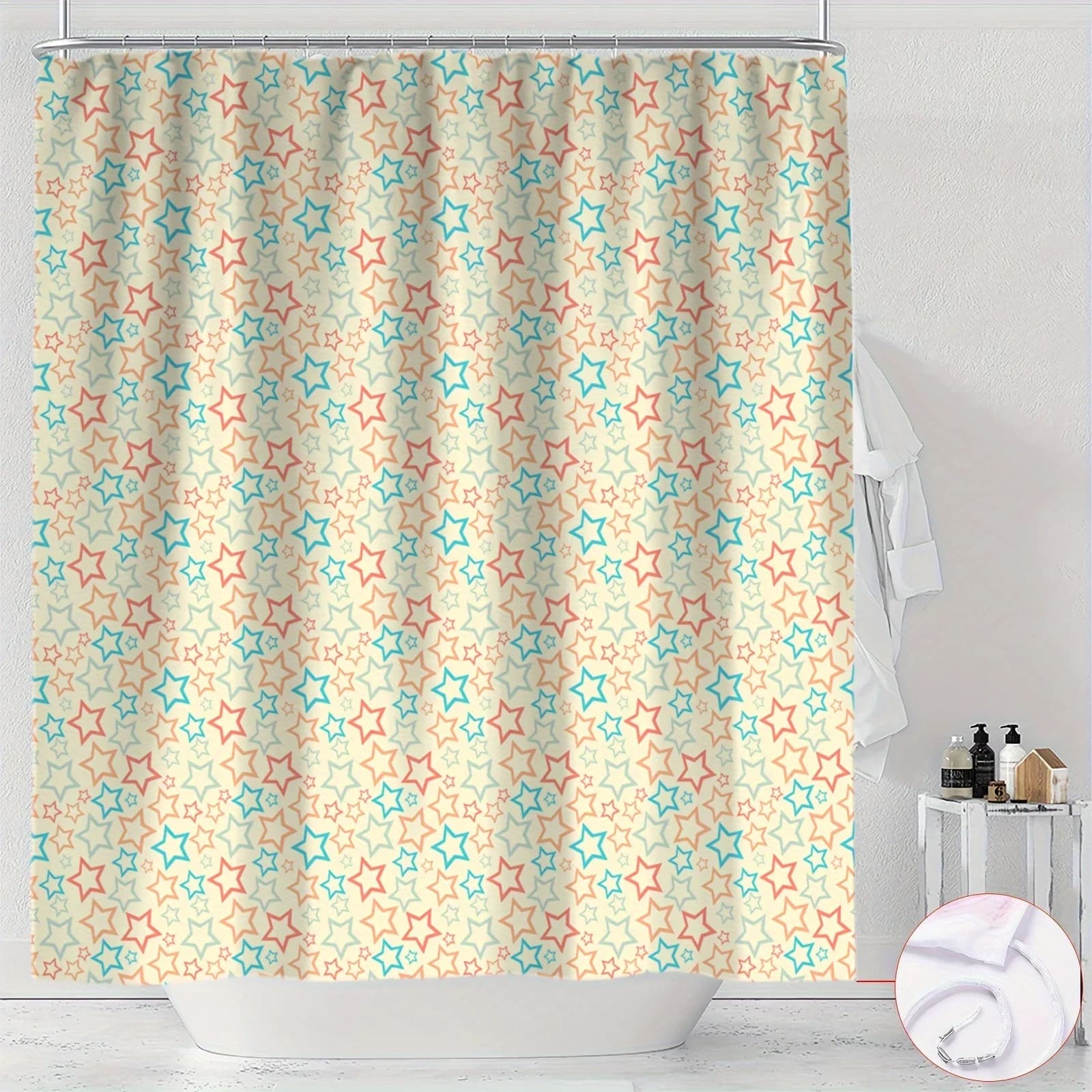 Tenda da doccia colorata con stella a cinque punte, stampa digitale, poliestere reversibile, lavabile in lavatrice, ganci gratuiti