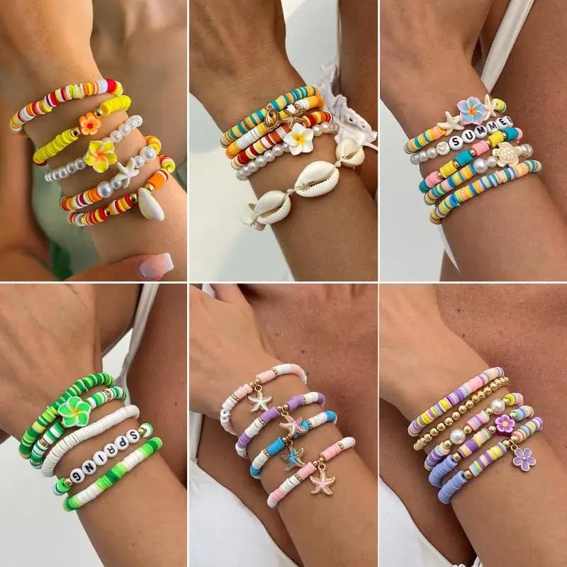 Set di Braccialetti Multistrato in Ceramica Morbida con Perle Imitate, Braccialetti Creativi con Stella Marina e Fiori per Donne, Gioielli Estivi da Spiaggia