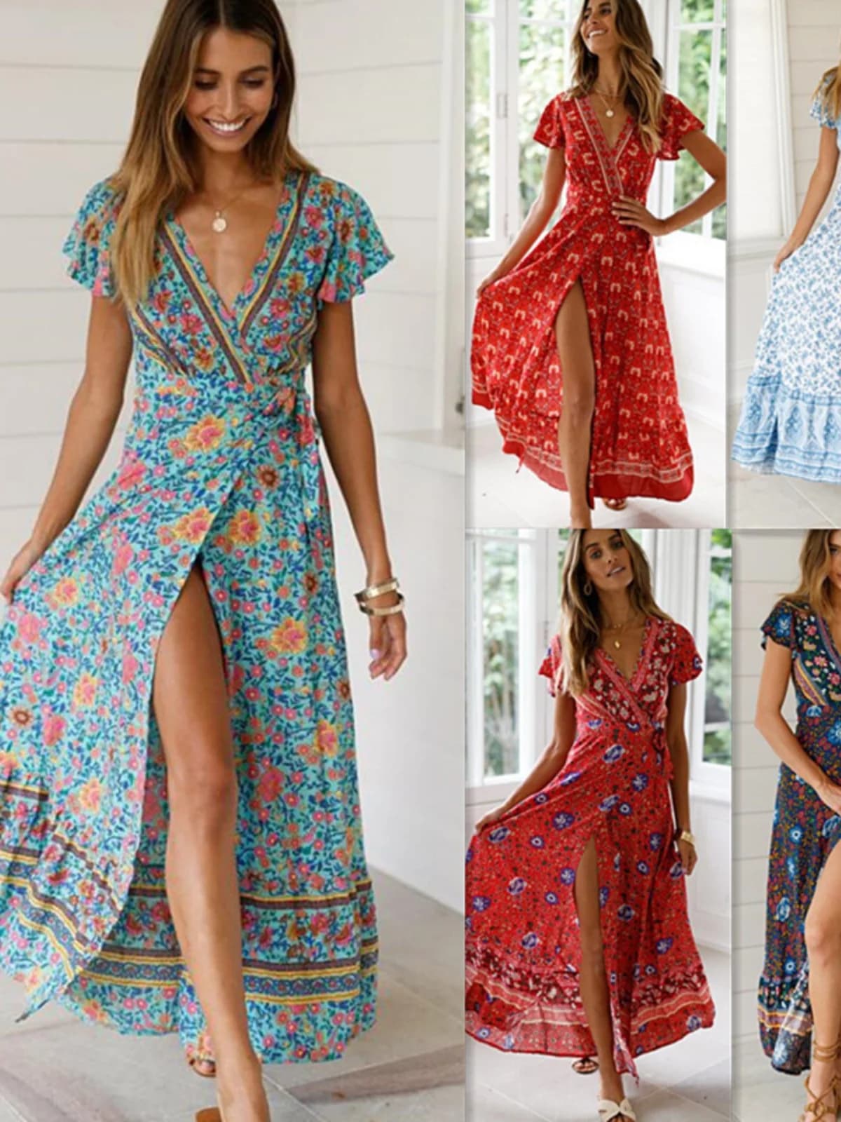 Abito lungo estivo da donna a vita alta con stampa, scollo a V, in poliestere, modello A-Line, casual e sexy per le vacanze