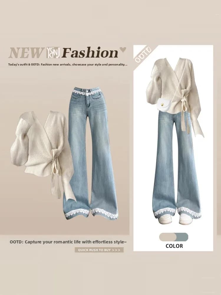 Ele Light Peach Color Gentle Wind Tie Knitted V-ne Top Spring Lace Micro Flared Jeans High Waist Two-piece Set